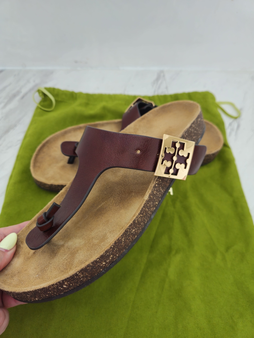 Tory Burch Brown Leather Thong Sandal with Gold Logo Accent
